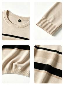 Boys Beige Color Block Striped Crew Neck Knit Sweater, Casual Long Sleeve Knit Pullover, Autumn/Winter Children's Warm Top - Apricot - View 5