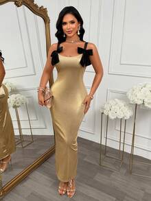 AIJ Women's Luxury Gold Strap Long Dress, Black Bow Sleeveless Backless Slit Bodycon Dress, Elegant Sexy Autumn Wedding Guest Party Banquet Outfit Summer - Gold - View 5