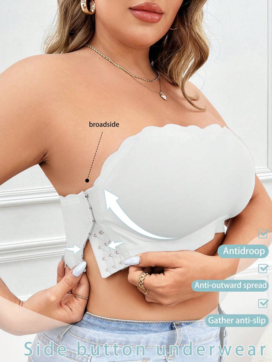 Plus Size Solid Color Front Closure Minimalist Casual Wireless Bra - White - View 1
