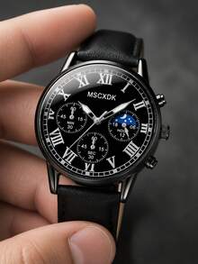 MSCXDK Multifunctional Chronograph Wrist‑Watch, Black Leather Strap Business Quartz Wristwatch With Roman Numeral Dial, Daily Accessory For Men - Multicolor - View 7