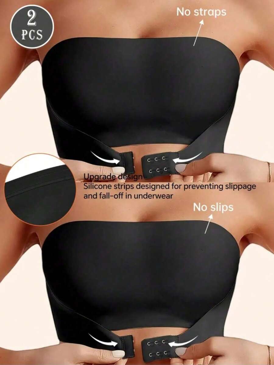 2pcs Women's Front Closure Strapless Push-Up Bra - Sexy Wireless Bandeau, With Adjustable Rubber Band, Seamless Invisible Lingerie, Suitable For Daily Wear - Multicolor - View 1