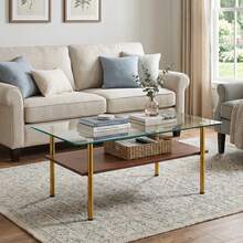 Moderner Couchtisch Mit Glasplatte Und MDF Ablage, Wohnzimmertisch Mit Goldfarbenem Metallgestell, Rechteckiger Sofatisch Im Luxus Design, Holzoptik-H45/B98/T58 Cm - Brown - View 1