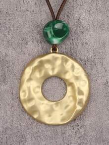 1pc Bohemian Style Exaggerated Bold 3D Textured Square Pendant With Quality Round Bead Necklace, Artistic Minimalist Wax Cord Long Sweater Chain, Niche Aesthetic Accessory, Christmas Halloween Gift For Best Friend, Girlfriend, Mother, Holiday Gift - Wax Rope - View 6