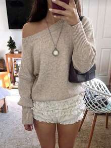 FOR BEAUTY Fall Winter Women Sweaters Elegant Casual Y2K Oatmeal Beige Off Shoulder Knit Tops Loose Fit Pullover Drop Shoulder Daily Outfits - Oat - View 2