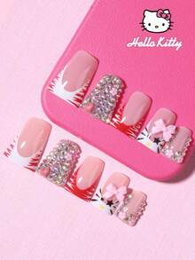 Sanrio Hello Kitty 24片中號鴨豹紋與紅色法式穿戴甲，附可愛3D Hello Kitty、愛心、水鑽與花朵設計，貼合假指甲套組，含1片果凍膠與1片指甲锉，適合女性與女孩日常與派對使用 - 彩色 - 查看 2
