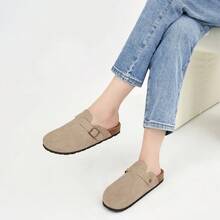 Women's Casual Apricot Suede Mules Cork Footbed Sandals Women's Summer Falt Sandals.Adjustable Buckle Clogs Arch Support Lightweight Potato Shoes - 杏色 - 查看 4