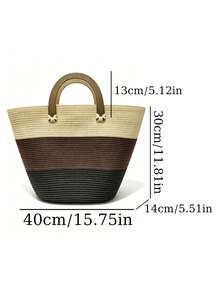BAILEE A Casual Vacation-Themed Woven Handbag With A Wooden Handle, Three-Color Clash Design, Ample Capacity, Perfect For Vacation Attire And As A Gift. - Multicolor - View 12