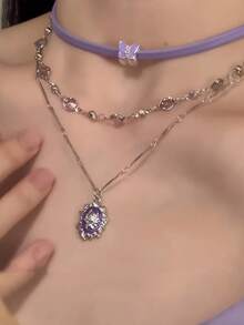 Kalung Bertingkat untuk Wanita, Gaya Manis & Keren, Rantai Kalung Choker Ungu Premium - Lilac Purple - View 5