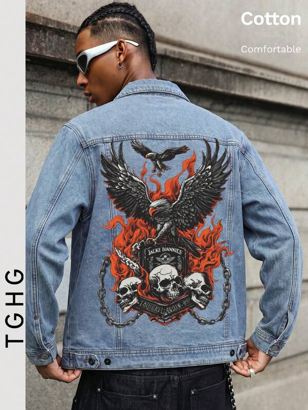 Y2K Direct Print Light Blue Denim Jacket, Back Decorated With Eagle, Flame And Skull Pattern, Lapel Design With Metal Buttons