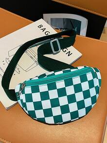Green And White Checkerboard Casual Waist Bag, Checkerboard Nylon Small Chest Bag, Adjustable Wide Strap Versatile Crossbody Bag - A - View 7