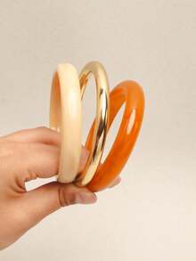 3pcs Multi-Color Resin Ring Bracelet Set, Casual Stackable Women's Delicate Minimalist Jewelry Set For Daily Wear And Party Occasions - Orange Tones - View 7