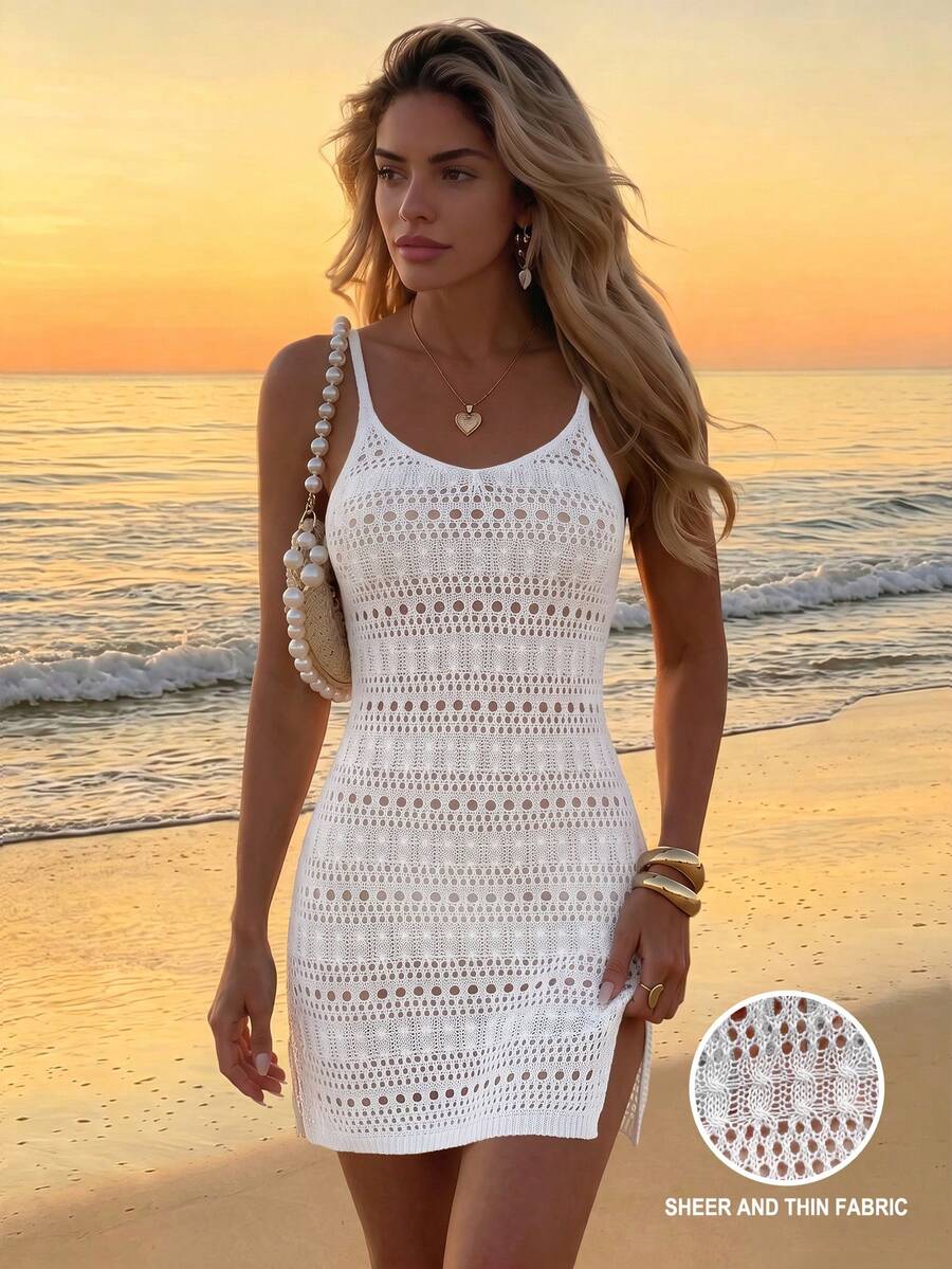 女款性感鏤空透視開衩無袖細肩帶迷你罩衫洋裝，白色夏季度假海灘風，Vacationcore
