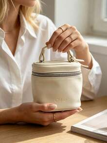 Chloé Cream White Faux Leather Vanity Makeup Case, Embossed CHLOE Logo Portable Handheld Travel Cosmetic Organizer Box Large Capacity Waterproof Toiletry Bag Luxury Gift For Women CHLOE-GIFT-20 - Off-white - View 4
