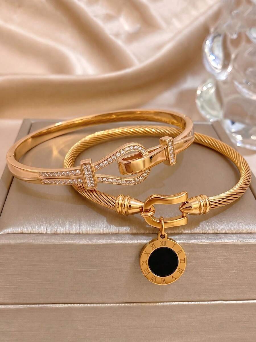2Pcs Gold‑Plated Stainless‑Steel Horseshoe Buckle Zirconia Bangle & Roman Charm Twisted Cable Bracelet Set For Women - Gold - View 1