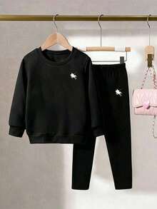 Bộ áo tay dài cổ tròn in hoạt hình và quần legging cho bé gái - màu đen - Xem 3