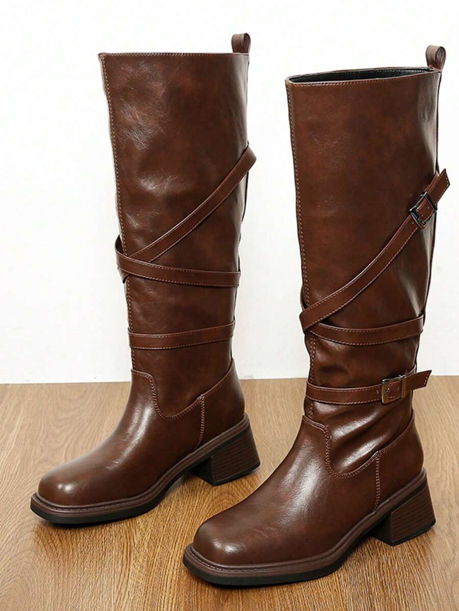 Women's Autumn/Winter Outdoor Mid-Calf Chunky Heel Boots, Solid Color Western Style Microfiber Leather Buckle Flat Mid-Calf Boots For Outdoor - Camel - View 1