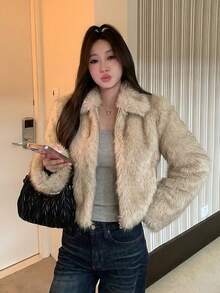 Winter Soft & Cozy Faux Fur Lapel Coat - Camel - View 7