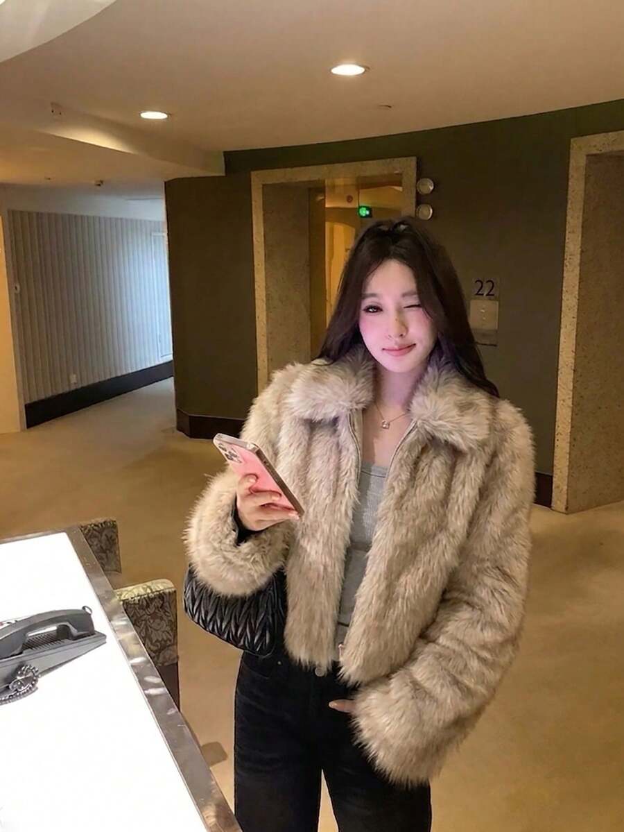 Winter Soft & Cozy Faux Fur Lapel Coat - Camel - View 1