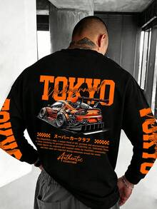 Men's Drop Shoulder Long Sleeve T-Shirt, Vintage Racing Car Graphic Print, Loose Casual Streetwear Top - Black - View 3