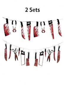 12pcs/Set Halloween Party Blood Knife Weapon Banner, Haunted House Realistic Blood-Stained Hanging Decorations, Halloween Vampire Party Supplies, Suitable For Halloween Room Decor, Bar Supplies, Indoor And Outdoor Decor, Horror Party Background Decor - View 13