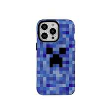 Minecraft Retro Pixel Game Style Black Creeper Pixel Graphic Blue Mosaic Grid Pattern Multishade Navy Sky‑Blue Color Rectangular Shell Raised Camera Bezel Precise Port Cut‑Out Full Edge Wrap‑Around Protective Cell Phone Back Cover, Gamer Teen Gift Gaming Party Supplies Birthday Present Holiday Surprise Daily Outdoor Indoor Office All‑Season Game‑Lover Accessory Custom Pixel Art Smartphone Protector - Blue - View 3