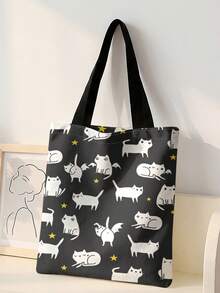 1pc Cartoon Cat Print Black Canvas Tote Bag, Lightweight Durable , Multi-Use Shoulder/Hand Bag For Students, Commuting & Daily Shopping - Black and White - View 12