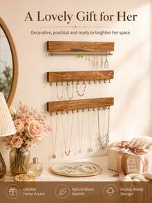 1 Set Natural Wooden Wall-Mounted Jewelry Storage Rack, Rustic Style Necklace & Earring Display Stand, Multi-Hook Design, Space-Saving Jewelry Organizer, Suitable For Bedroom, Vanity, Dressing Room, Home Decor - Multicolor - View 7