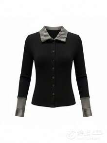 Women's Early Spring Striped Patchwork Slim Fit Cardigan Top, Collared Long Sleeve T-Shirt - Black - View 9
