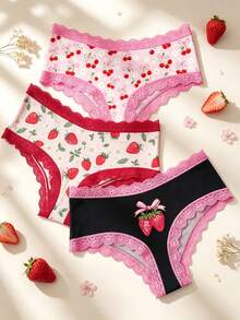 3pcs/Pack Sweet Strawberry Bow Print Lace Trim Comfortable Pink Women's Triangle Panties Set - Multicolor - View 1