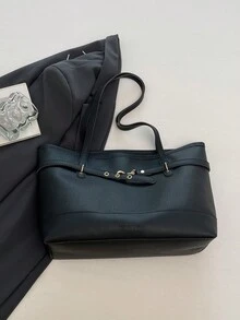 女款復古大容量手提包，時尚百搭休閒極簡通勤單肩托特包 - 黑色 - 查看 9
