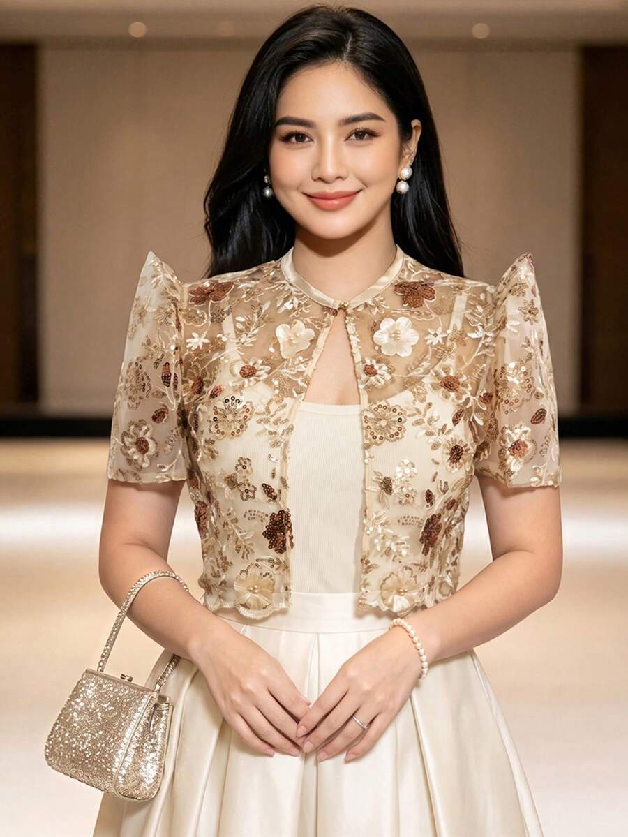 現代菲律賓風蝴蝶袖女款短袖開襟上衣,春夏款 - 香檳色 - 查看 1