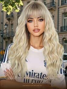 22 Inch Ombre Long Curly Wigs With Bangs Wigs Nature And Soft Synthetic Fiber Replacement Wigs For Women For Daily Party Use - 漸層 - 查看 2