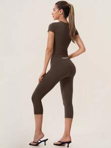 TimeOff Women's One Set Solid Color Round Neck Short Sleeve Slim Fit Butt-Lifting Mid-Length Pants Sports Set - Coffee Brown - View 8