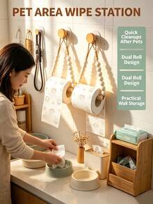 1pc No-Drill Wall-Mounted Rope Woven Toilet Paper Holder, Kitchen Wall-Mounted Paper Towel Rack With Hook, Modern Home Fashion Bathroom Accessory, Woven Toilet Paper Holder, Rope Hanging Paper Towel Roll, Vintage Natural Unique Bathroom Accessory - Multicolor - View 4