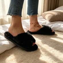 Fashionable Women's Spring/Autumn Beautiful Comfortable Cross Strap Open Toe Flat Black Fuzzy House Slippers - Black - View 4