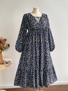Rusttydustty Women's Plus Size Blue & Black Small Ditsy Floral V-Neck Ruffle Patchwork Long Sleeve Dress, Suitable For Autumn/Winter, Halloween Outfit - Black - View 7