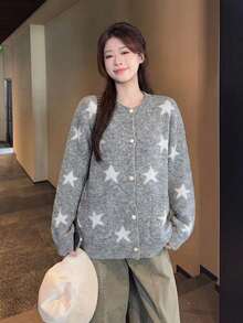 Grey Star Pattern Lapel Collar Sweater Cardigan Women's New Winter Thickened Loose Casual Knit Top - Grey - View 5