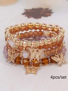 4pcs/Set Bohemian Style Multi-Layer Time Gem Butterfly Pendant Asymmetrical Beaded Bracelet Set, Suitable For Daily Wear, Gift - Time Gem Butterfly Bracelet - View 16