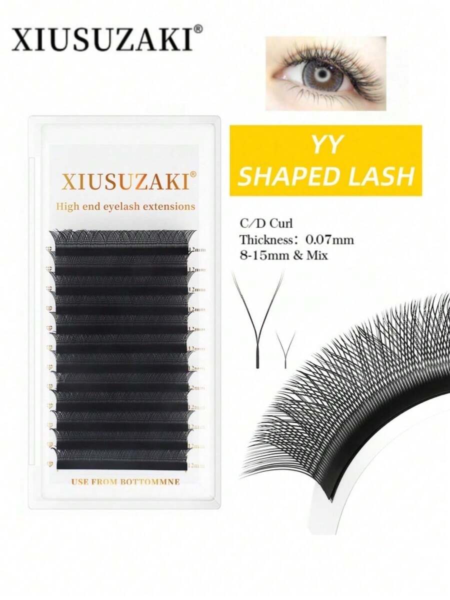 XIUSUZAKI 12排 YY型 C捲度自然預製睫毛簇 手工高品質柔軟輕盈接睫毛 適用於專業睫毛簇、單根睫毛、假睫毛