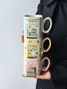 1 buah Mug Keramik Persegi Motif Kartun Lucu dan Menyembuhkan, Gaya Ins Kreatif dengan Desain Jendela Berongga untuk Kopi, Cangkir Sarapan, Cangkir Teh Sore, Hadiah Unik yang Sangat Menarik, Aman untuk Microwave dan Mesin Pencuci Piring - MultiWarna - View 3