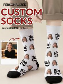 1 Pair Customized Face Photo Women's Halloween Stockings, Halloween Costume, Birthday, Valentine's Day Gift, Halloween Prank Prop, Colorful Cartoon Print, Combines Personalized And Fun, Suitable For Daily Wear, Home, Commute - Multicolor - View 10