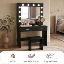 White Dressing Table Set With LED Lights Mirror, Vanity Makeup Table 2 Large Drawers And Stool - Negro - Ver 5
