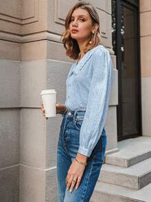 Simplee Blus Musim Gugur Berkerah Lengan Mengembang Gaya Preppy Warna Polos, Pakaian Guru untuk Wanita, Kembali ke Sekolah - Baby Blue - View 5