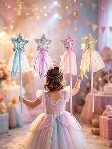 3/5Pcs Glitter Star Fairy Magic Wand With Tulle Sequin Streamers, Pastel Color Ribbon Princess Cosplay Prop, Handheld Twisted Rod Fairy Stick For Birthday Party, Halloween Dress Up, Photo Booth Decorations - A - View 7