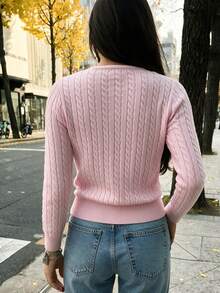 SEREN New Autumn Round Neck Women's Knit Cardigan, Slim Fit, Casual, Twisted Ribbed, Pink Top, Winter Sweater Jacket, Valentine's Day - Baby Pink - View 3