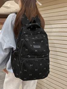 Juego de 3 piezas de mochila, mochila grande + bolso bandolera + monedero, patrón de lazo, tela suave, correa de hombro ajustable, gran capacidad, adecuado para el uso diario en el campus - Negro - Ver 5