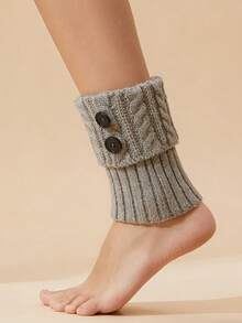 1 Pasang Penghangat Kaki Model Boot Rajut Lipat dengan Kancing - Grey - View 2