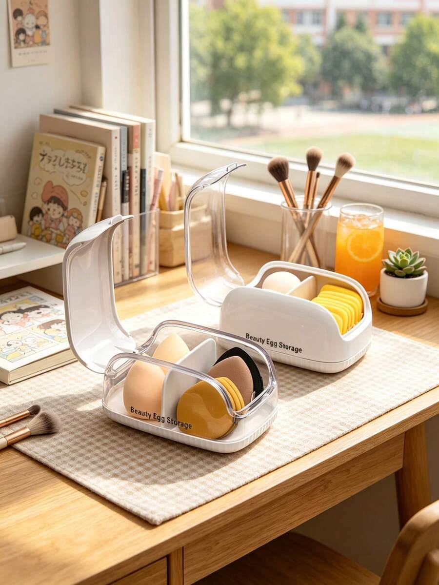 Cosmetic Sponge Storage Box With Dust Cover, Portable Powder Puff Compartment Organizer, Suitable For Home Decor, Room Decoration, Back To School Season, Travel Essentials, Dormitory Essentials, Halloween Gifts, Christmas Gifts