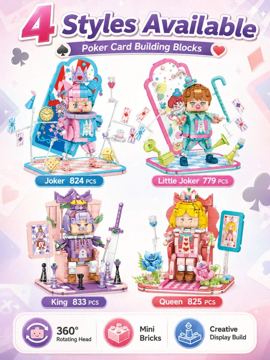 1 Set 779-833PCS Poker Card Mini Building Blocks, 4 Styles Available, Joker Little Joker King Queen Character Set, 360° Rotating Head, DIY Creative Display Build, Desk & Shelf Decor, Gift Idea - Clear - View 1