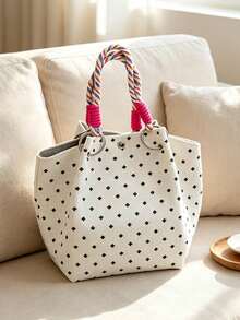 Tas Bucket Kasual Serbaguna Artistik Motif Polkadot Blok Warna Klasik, Tas Tangan Multifungsi untuk Perjalanan Sehari-hari, Cocok untuk Belanja Niche dan Kencan - Putih - View 3